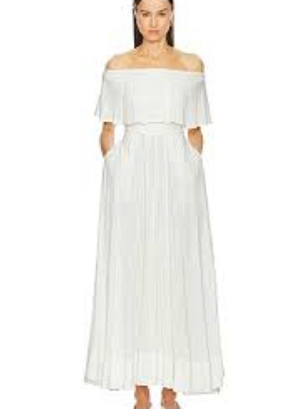 Off-Shoulder White Maxi Dress with Pleated Skirt and Pockets